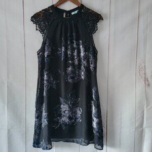 She + Sky Crochet Cap Sleeve Midi Dress, Black w Silver/Blue Velvet Flowers, Sm